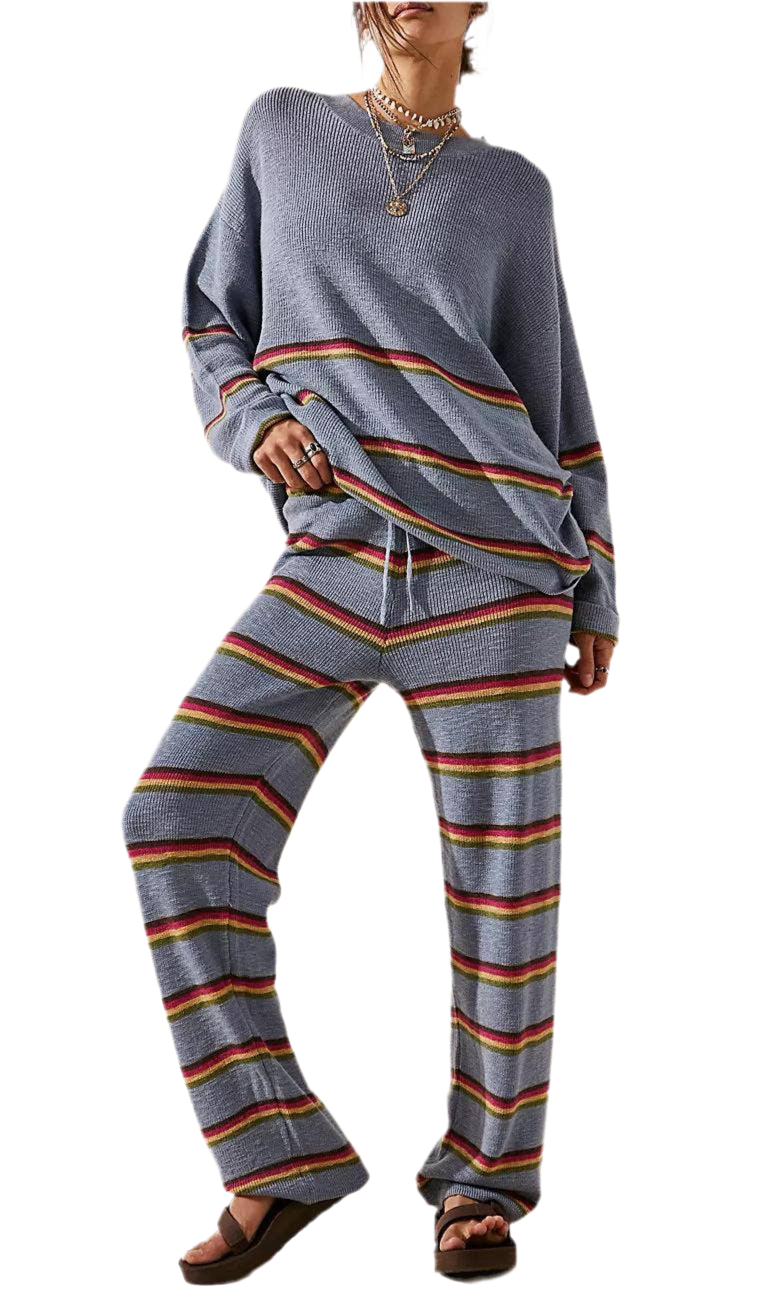 Long-sleeved striped trousers two-piece set