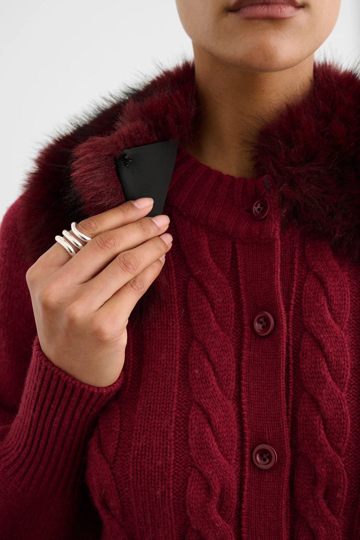 Rita Cable Knit Cardigan with Fur Collar