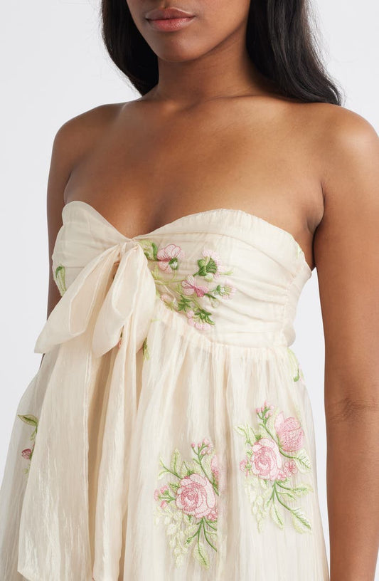 Fiona Floral Embroidery Strapless Dress Lulus