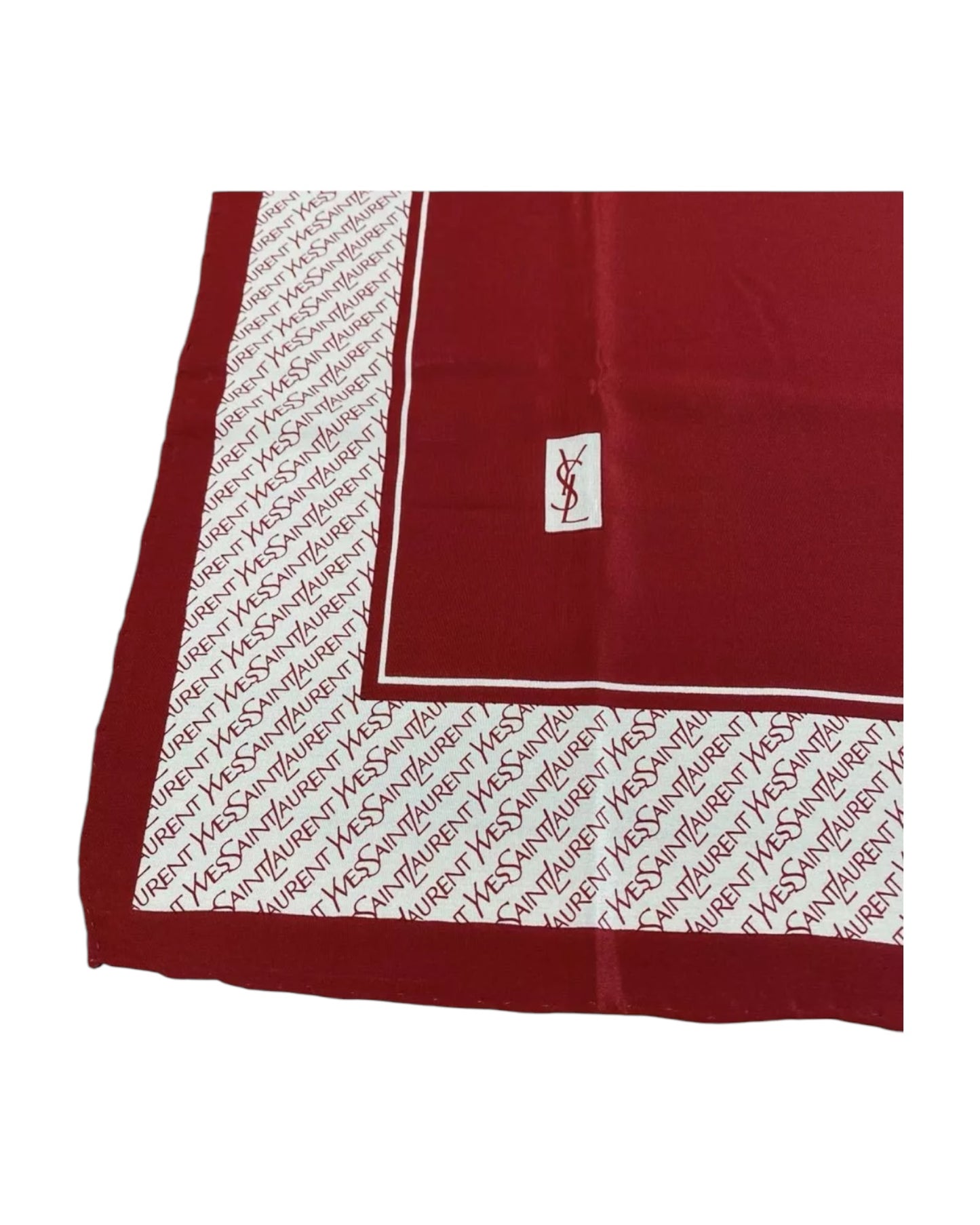 Vintage Yves Saint Laurent Logo Silk Scarf – Deep Red Monogram Border – 26” Square