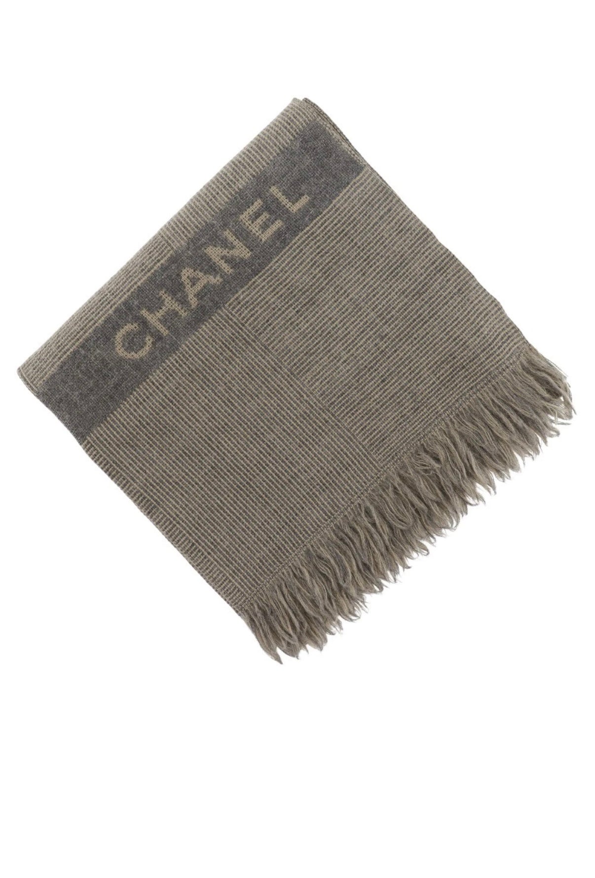 Chanel Wool Logo Fringe Scarf – Gray/Beige (Unisex)