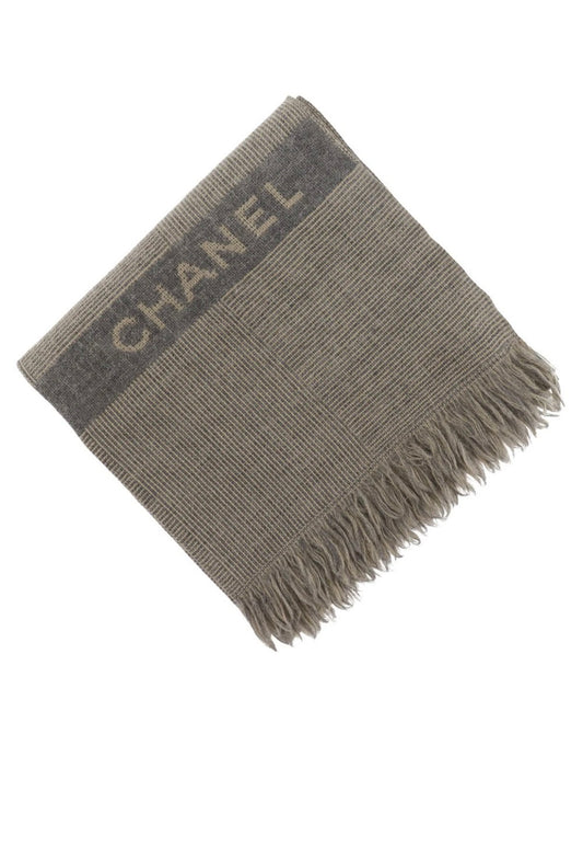 Chanel Wool Logo Fringe Scarf – Gray/Beige (Unisex)