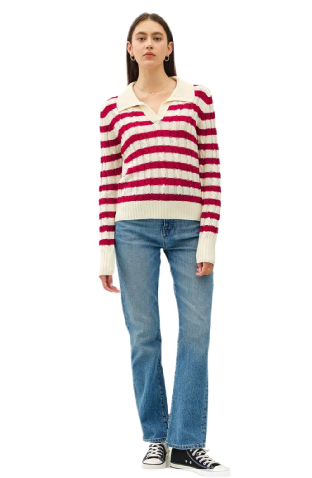 Be Cool Striped Cable Knit Collared Sweater