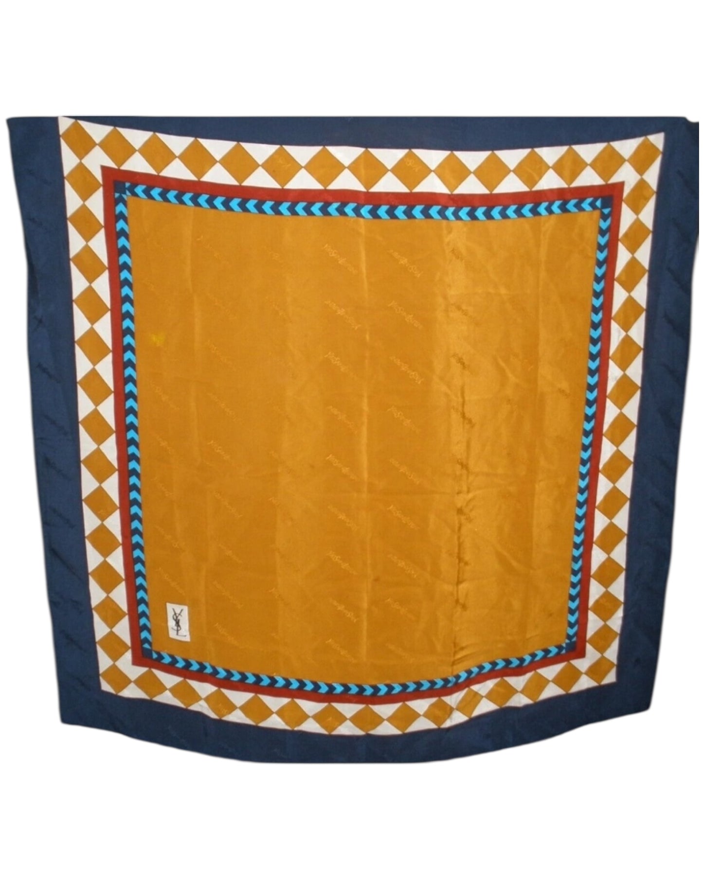 YSL Vintage Silk Scarf – Mustard & Navy