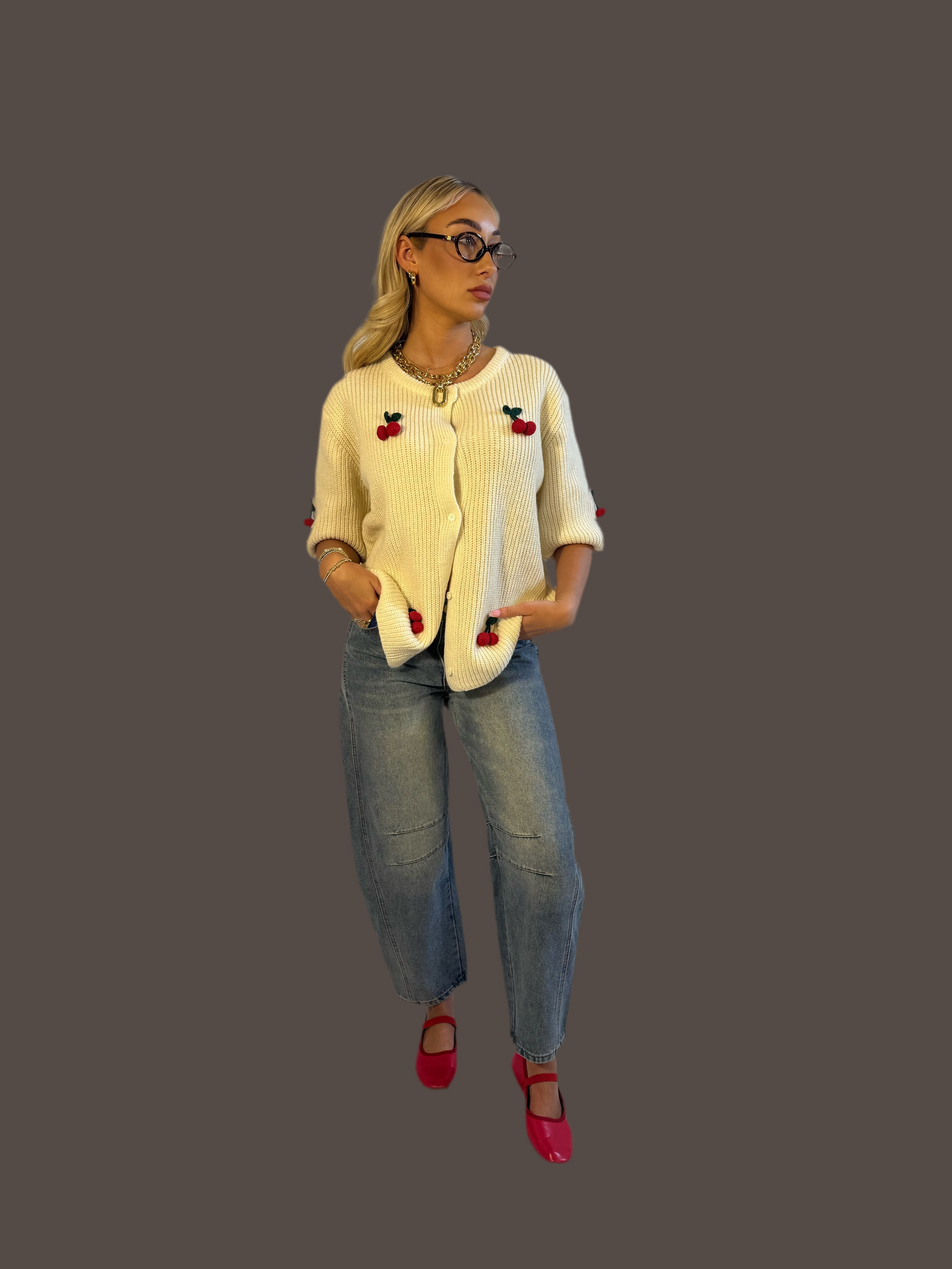 Cherry-Embellished Cropped Knitted Sweater Cardigan