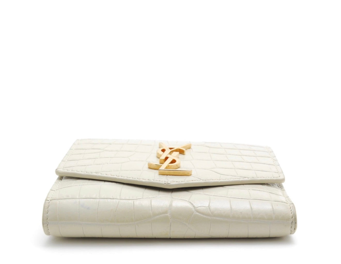 YSL Monogram Compact Wallet – Croc-Embossed Leather in Cream with Gold Hardware