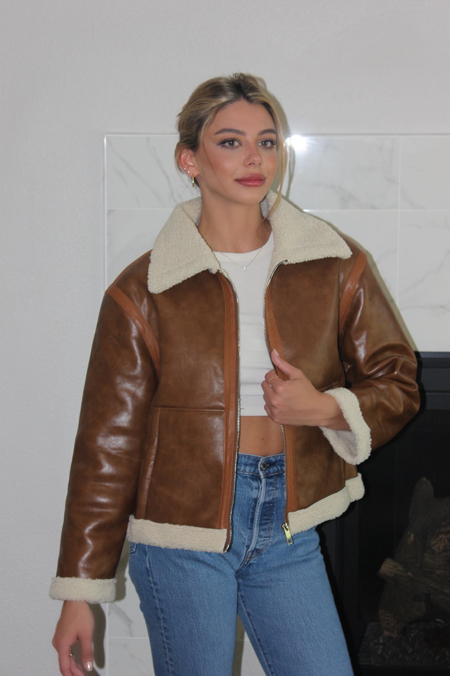 Vintage Style Sherpa Accent Faux Leather Jacket
