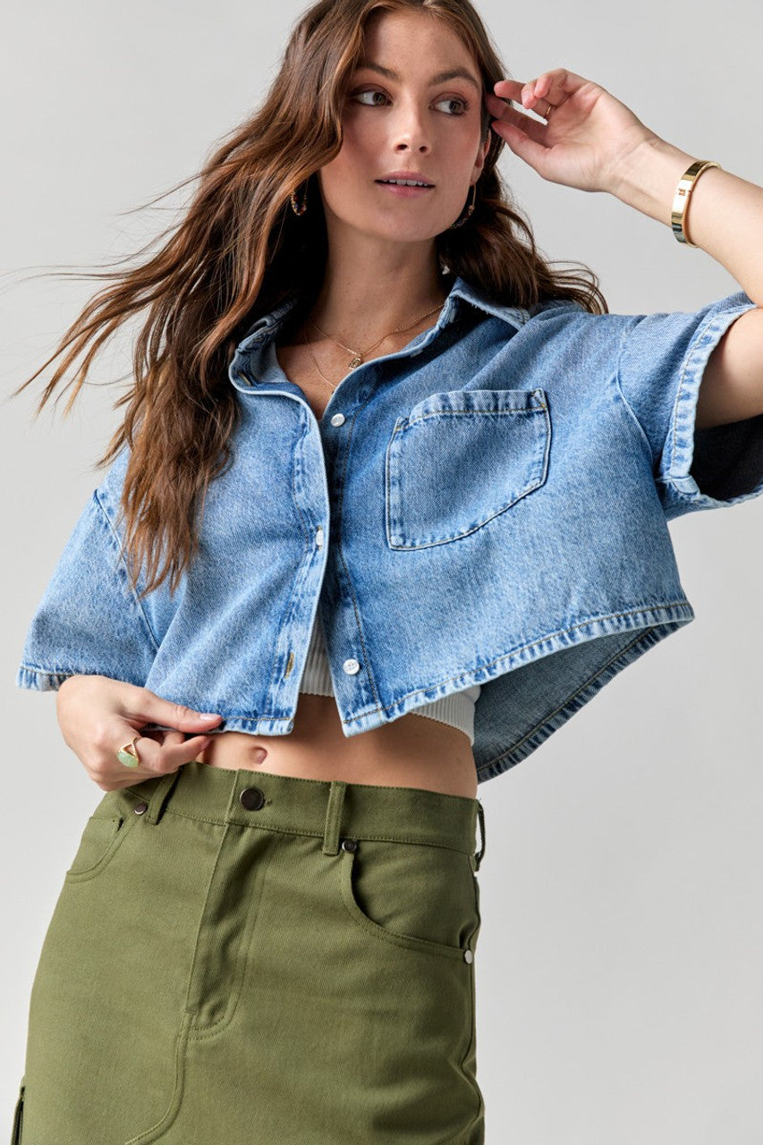 Soft Cropped Denim Button-Up - Reminiscence