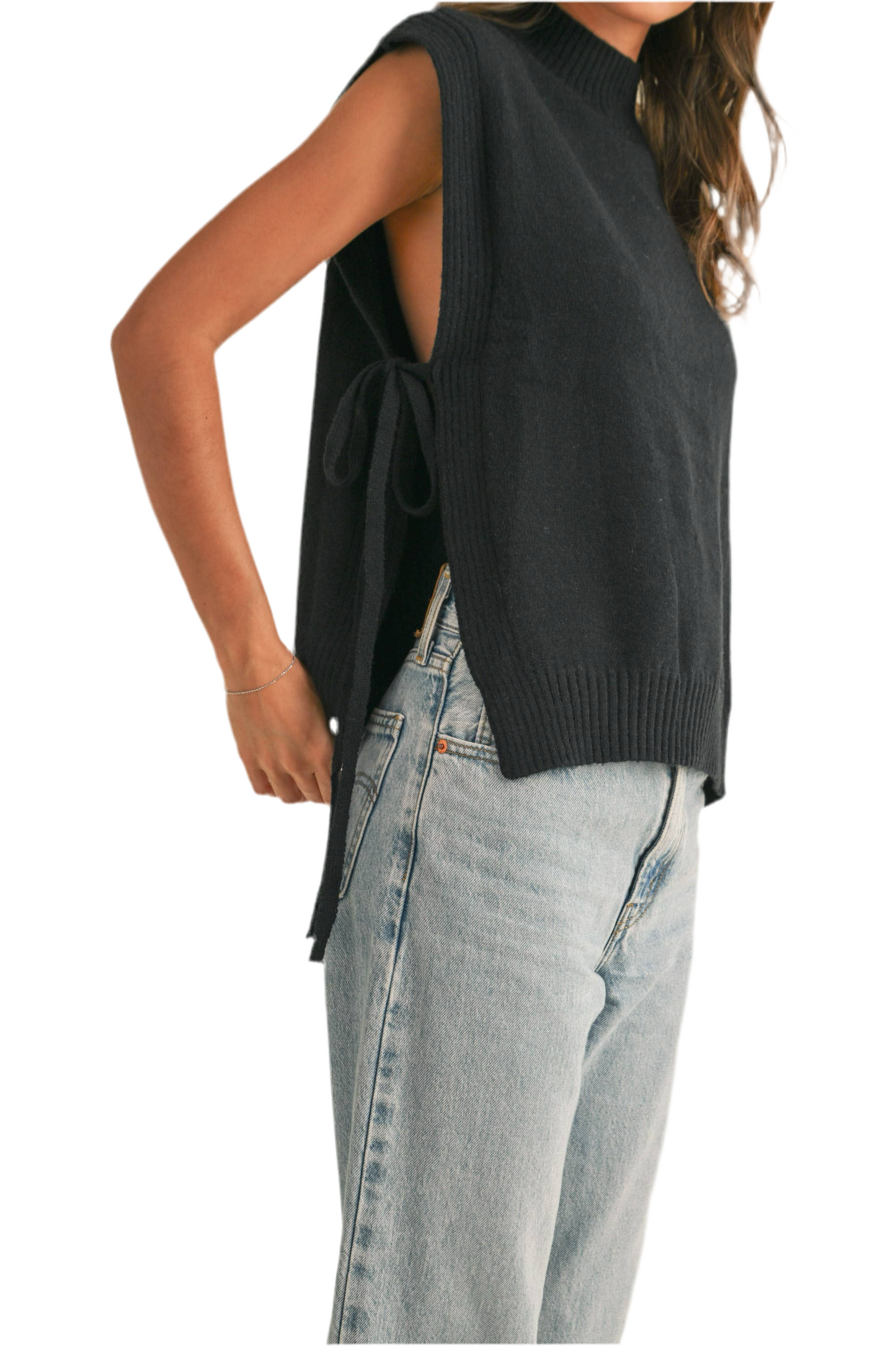 Miou Muse Mock Neck Sweater Vest with Side Tie
