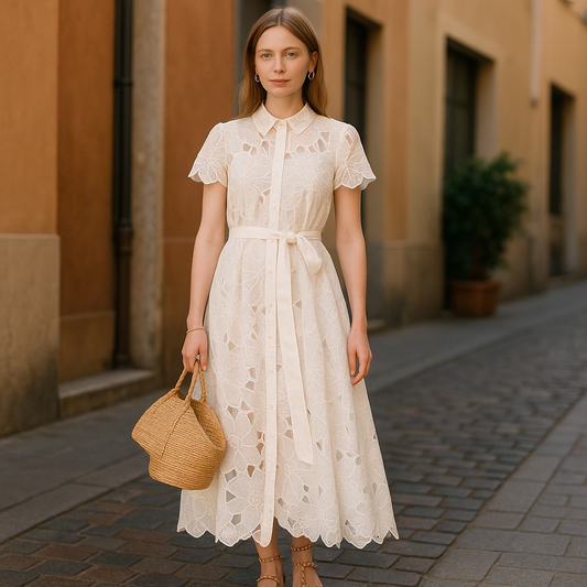 Botanical Breeze Cutout Shirt Dress – White Embroidered Maxi
