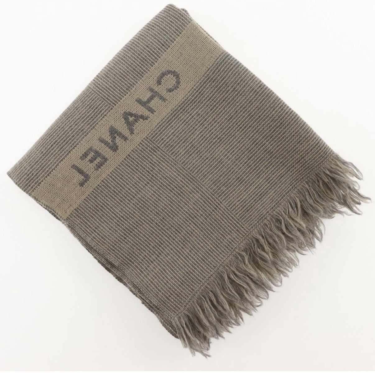 Chanel Wool Logo Fringe Scarf – Gray/Beige (Unisex)