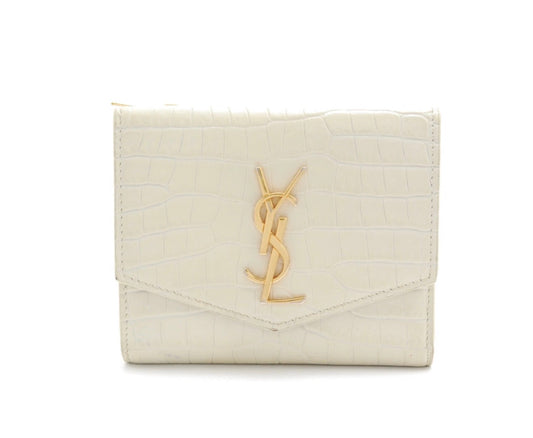 YSL Monogram Compact Wallet – Croc-Embossed Leather in Cream with Gold Hardware