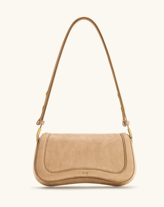 Joy Croc-Embossed Faux Suede Shoulder Bag| Beige
