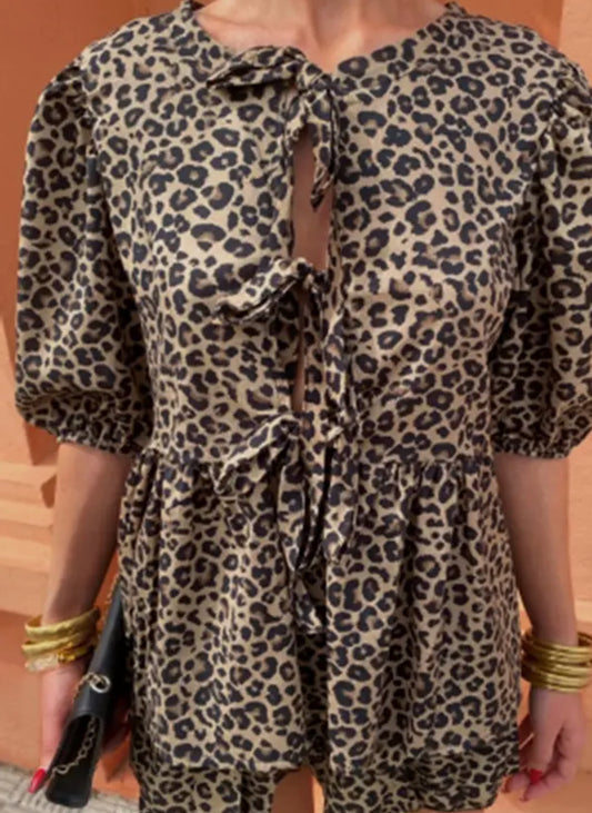 Leopard Lace-Up Puff Sleeve
