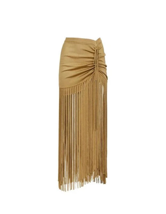 Amalia Ruched Mini Skirt with Fringe