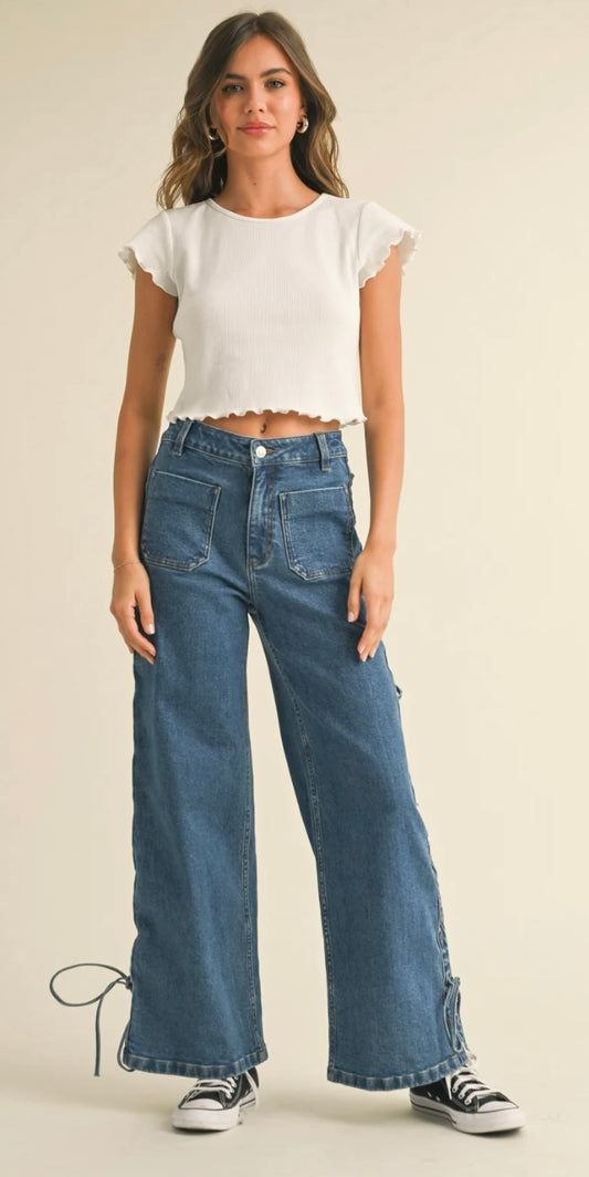 Lace Up Side Detail Denim Pants - Miou Muse