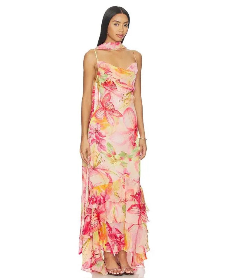 Cowl Maxi Dress with Sash Pink