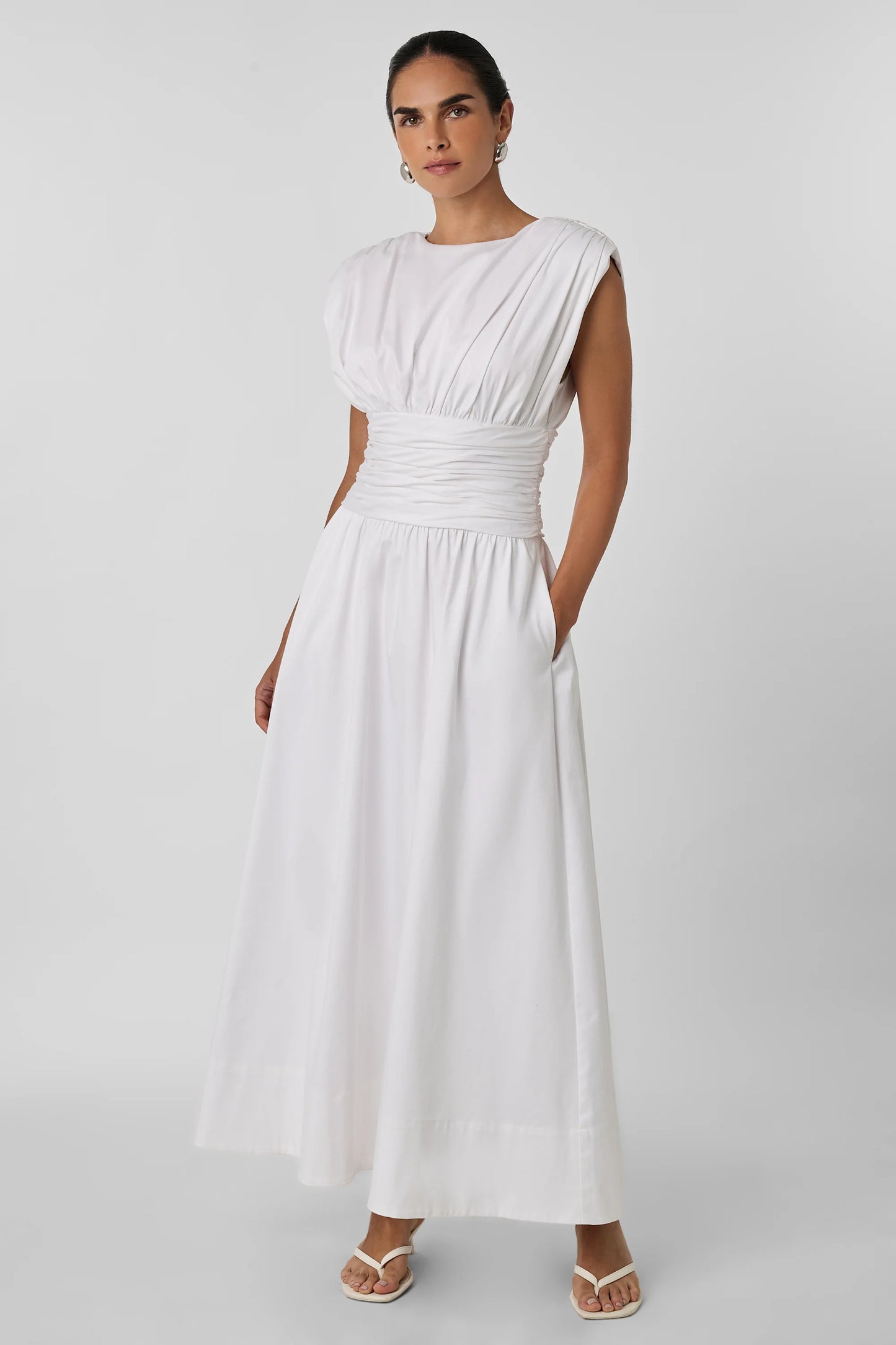 Evangeline Strong Shoulder Ruched Midi Dress - TOCCIN
