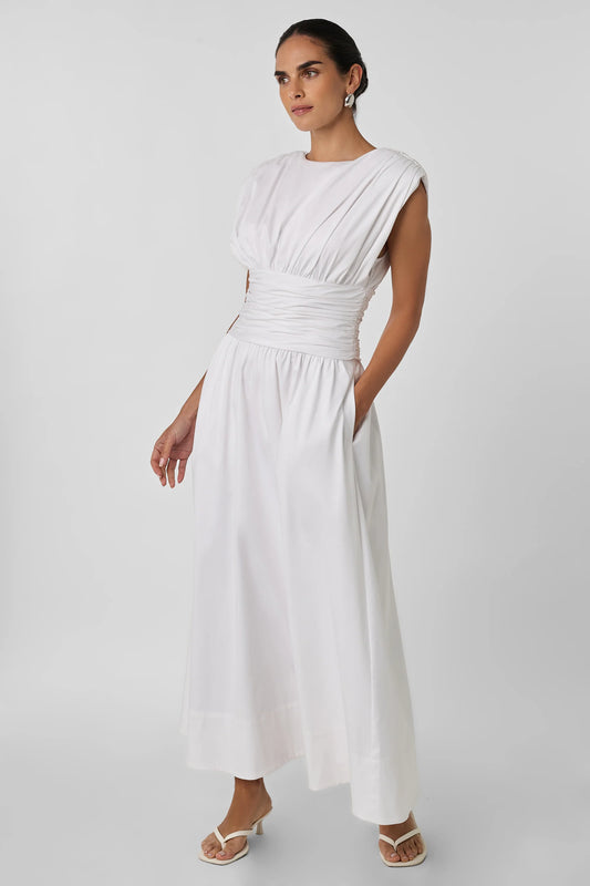 Evangeline Strong Shoulder Ruched Midi Dress - TOCCIN