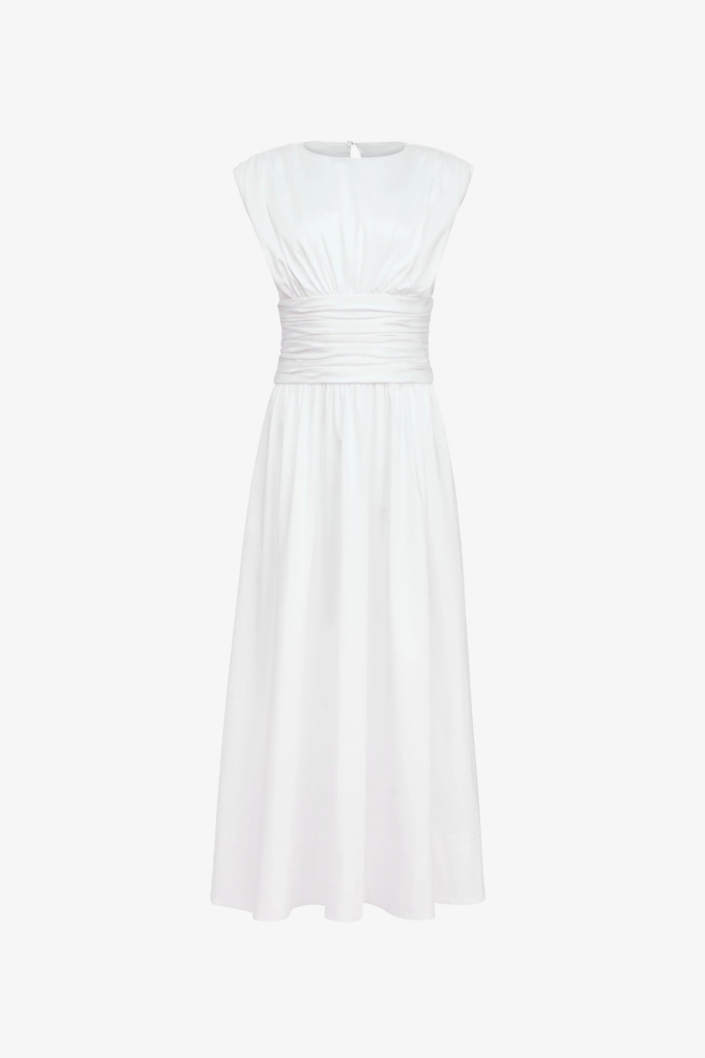 Evangeline Strong Shoulder Ruched Midi Dress - TOCCIN