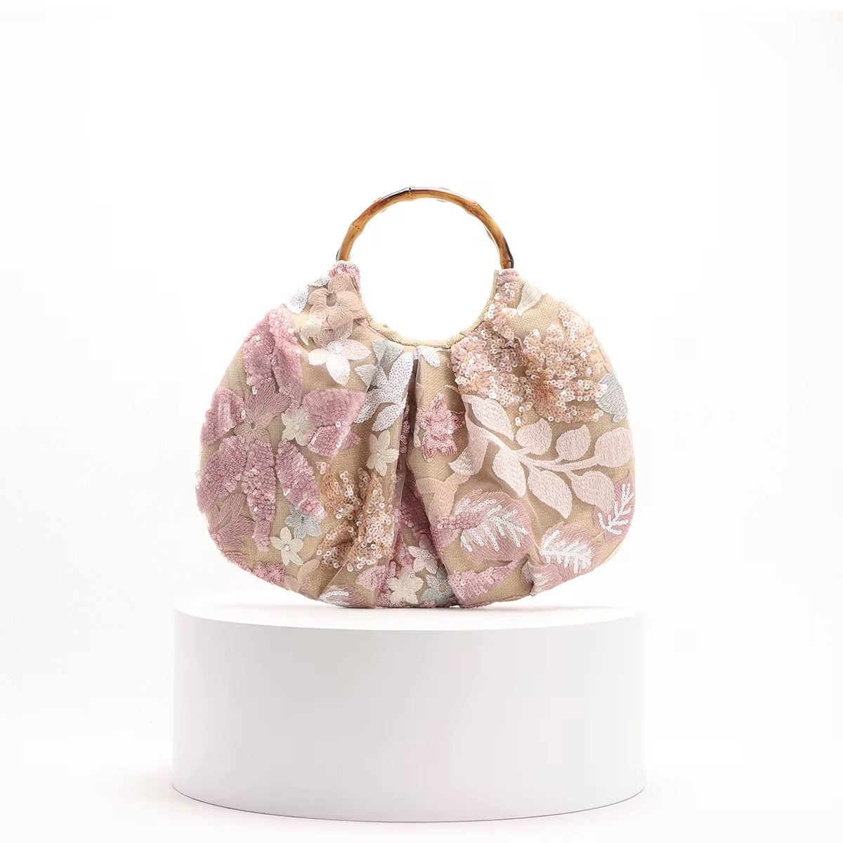 Embroidered Sequin Handbag with Bamboo Handle
