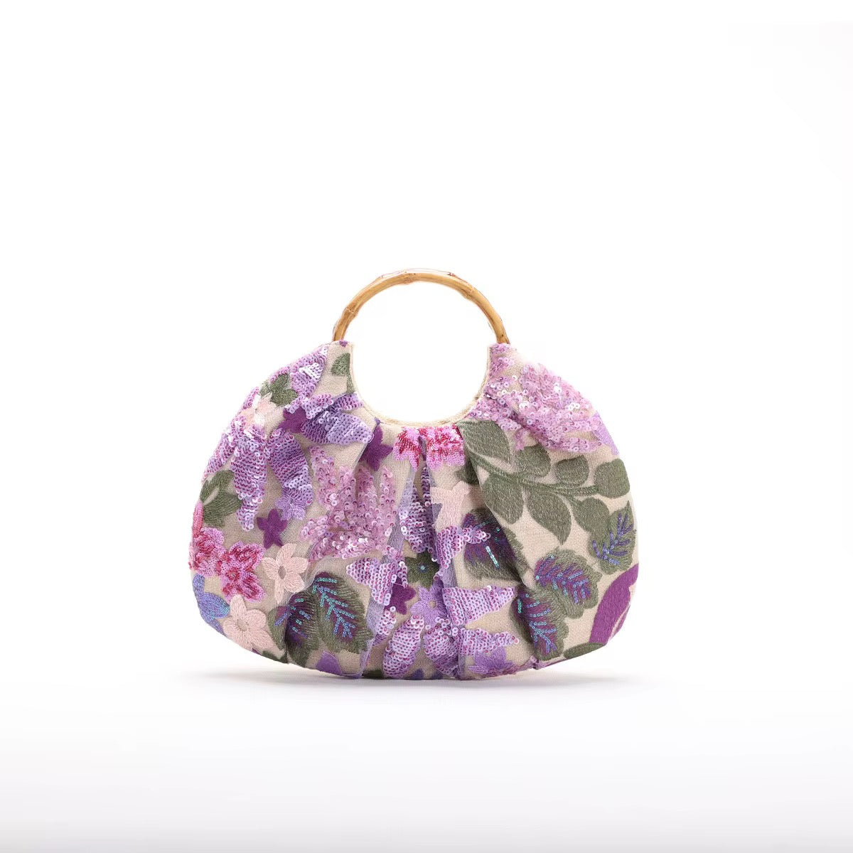 Embroidered Sequin Handbag with Bamboo Handle