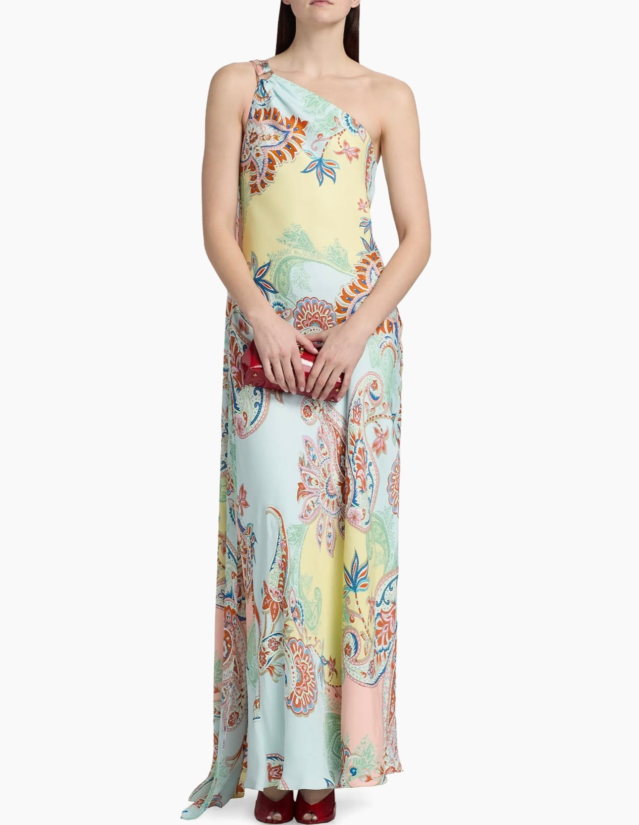 One-Shoulder Sash Paisley Maxi Dress