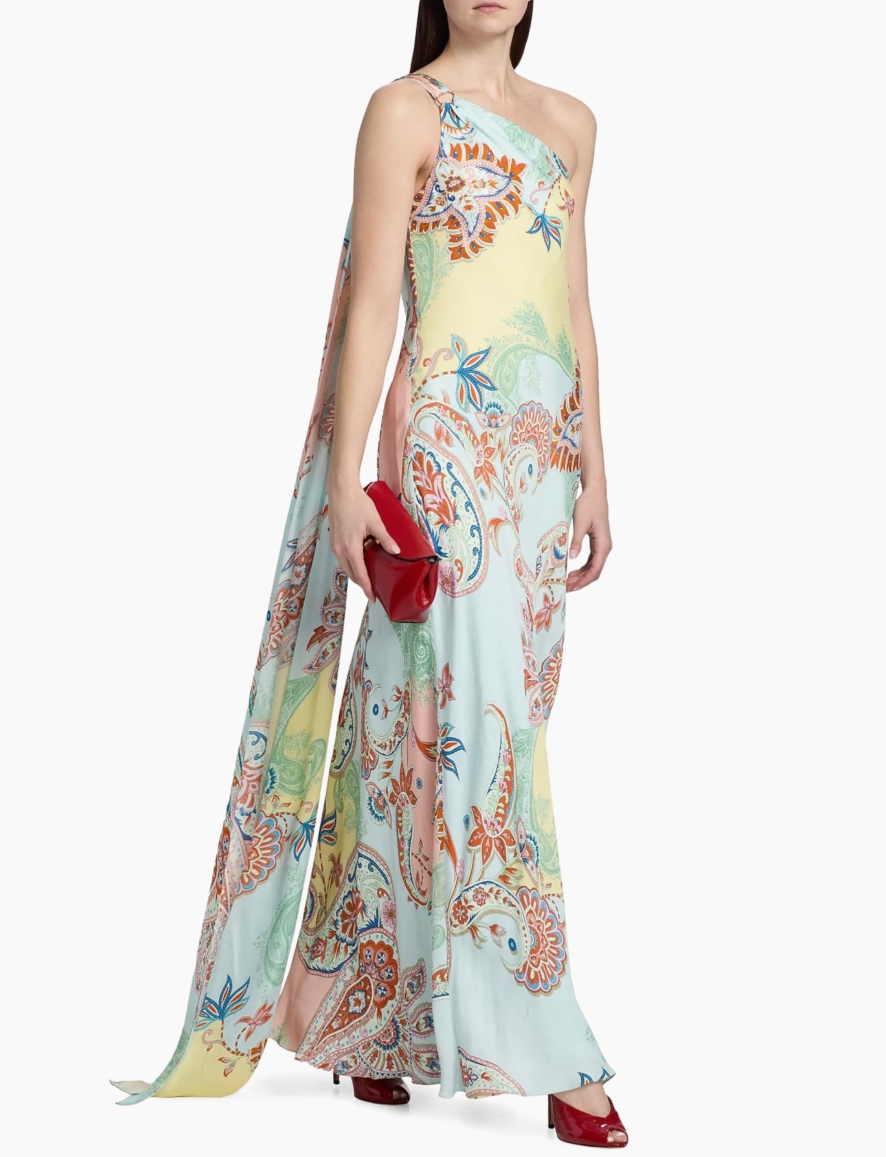 One-Shoulder Sash Paisley Maxi Dress