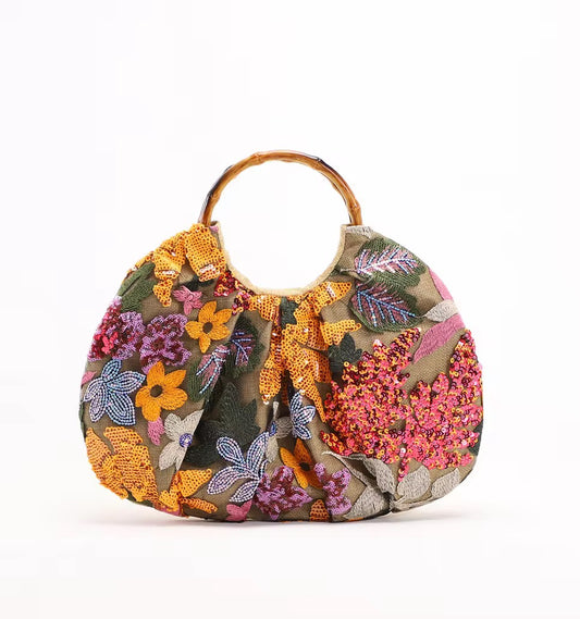 Embroidered Sequin Handbag with Bamboo Handle