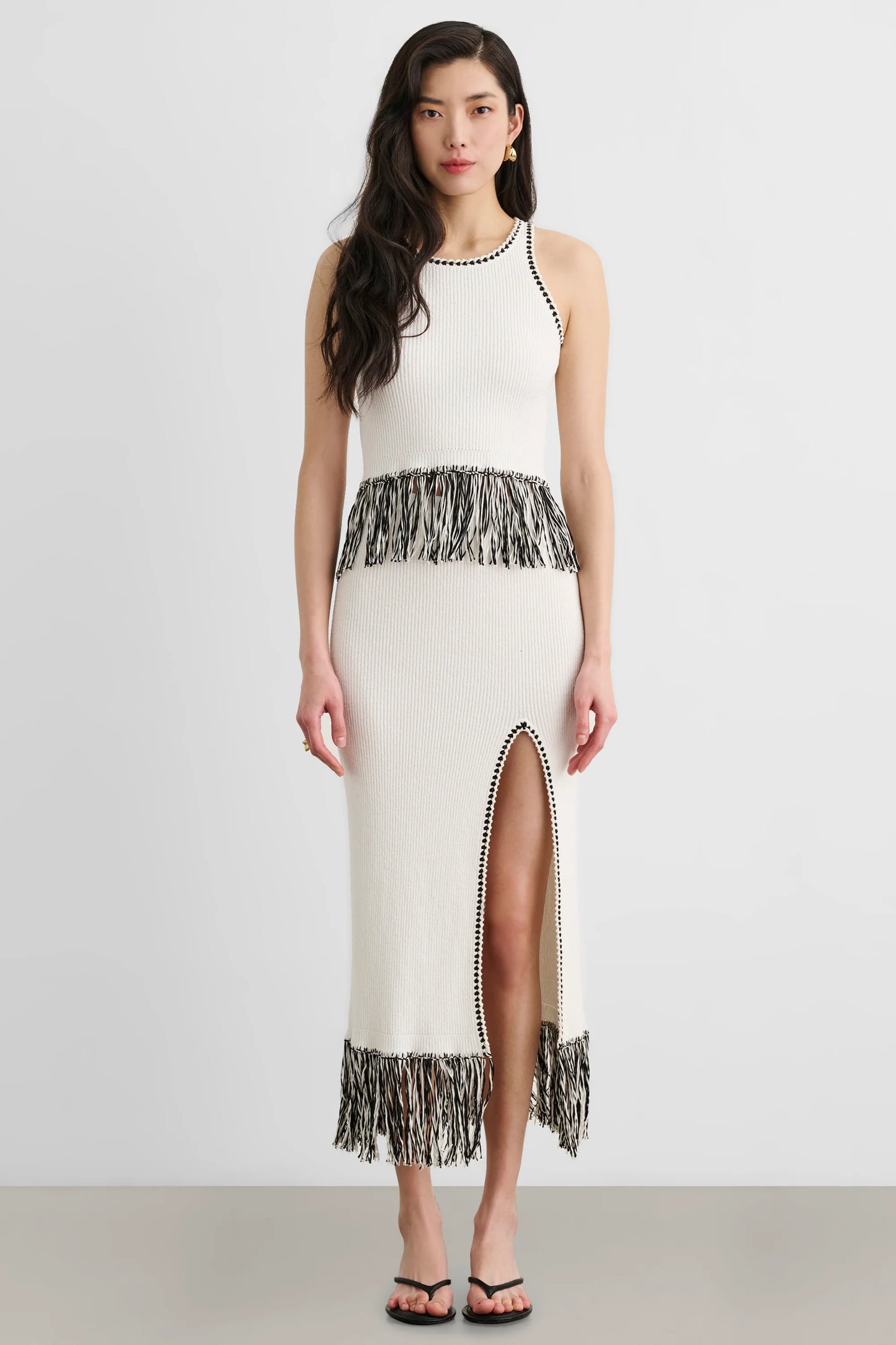 Amora Fringe Midi Skirt With Slit- Toccin