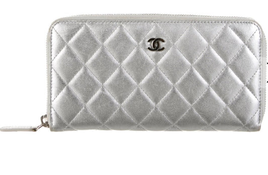 Chanel Quilted Metallic Silver Leather Zipped Wallet