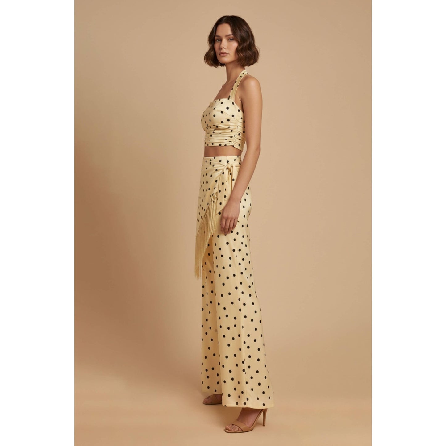 SKYLAR ROSE - Polka Dot Halter Top and Fringe Pants Set - YELLOW COMBO / M