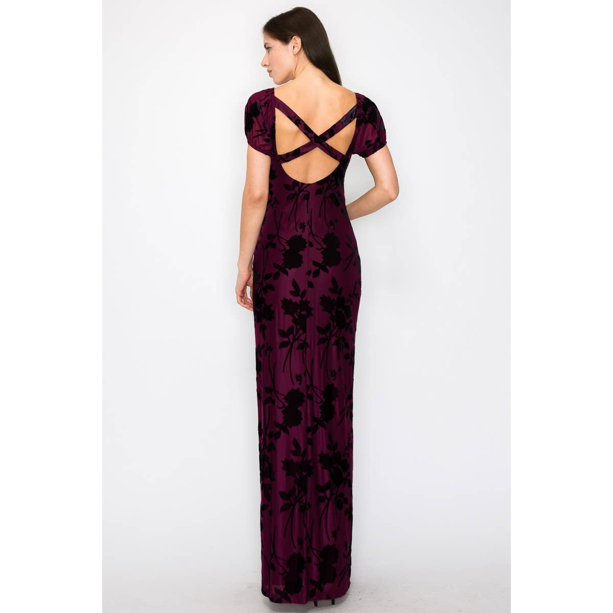 INA - Burn out velvet floral print high slit maxi dress