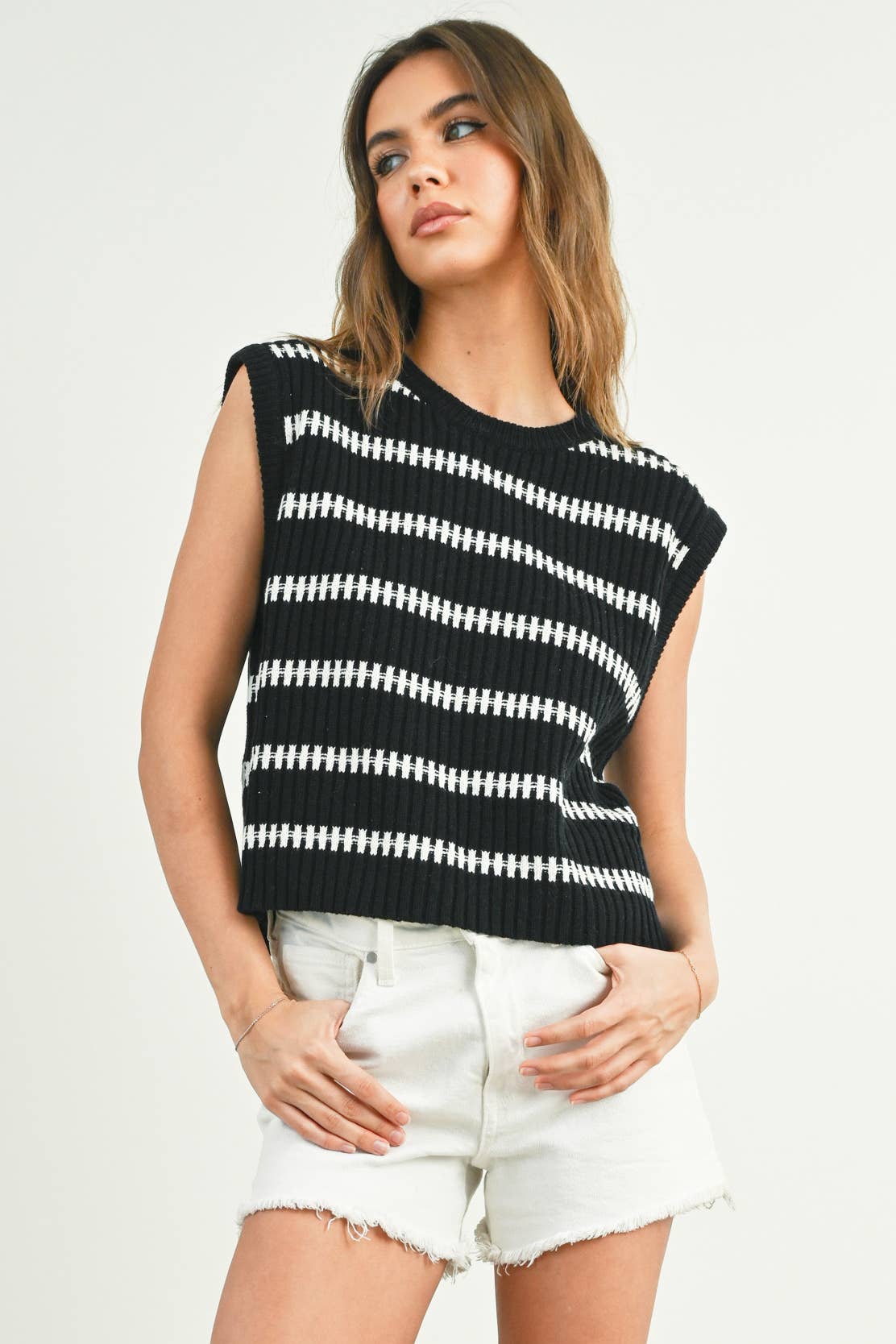 Crew Neck Striped Knit Tank Top