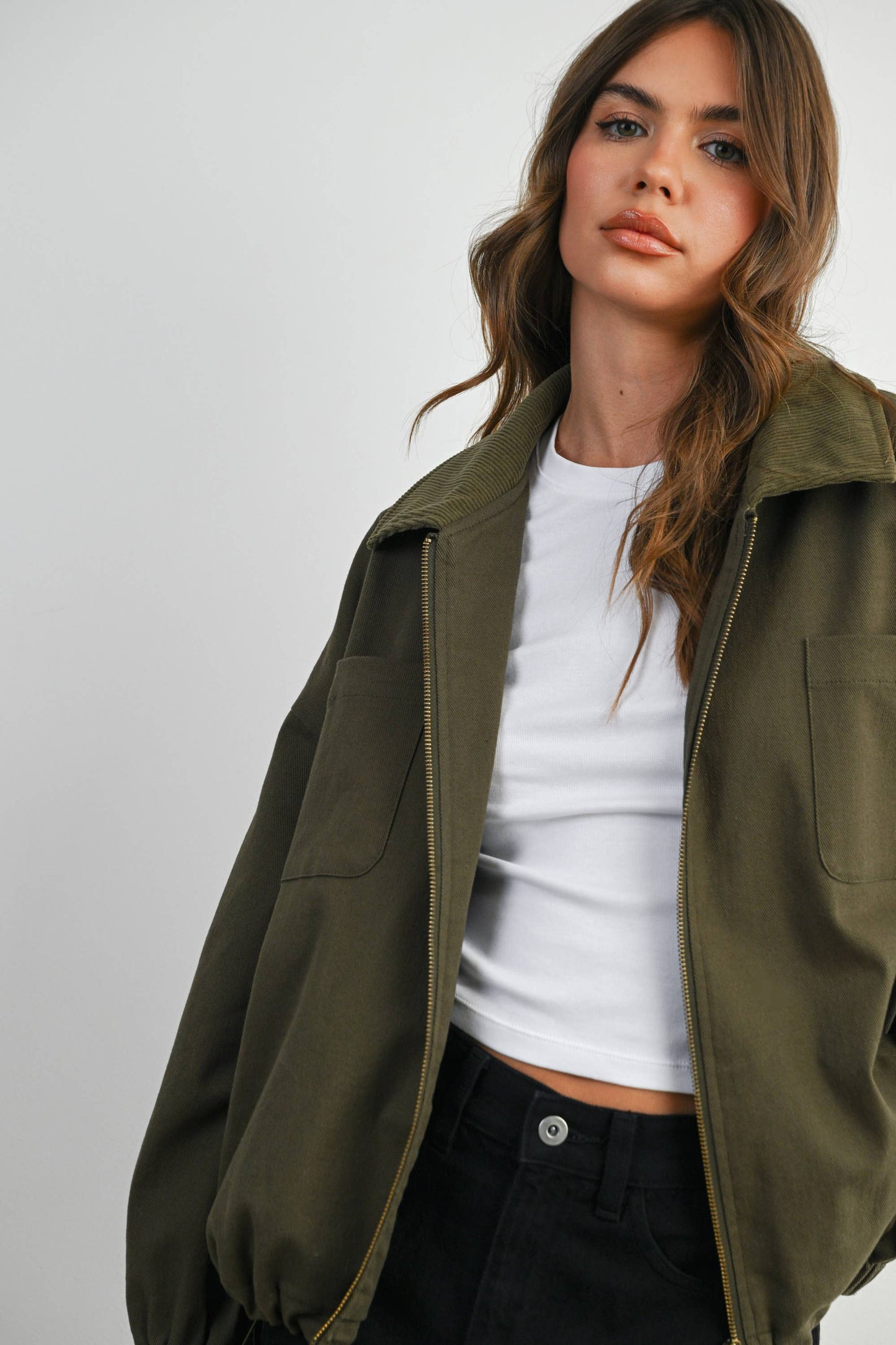 BUTTERMELON - Cord Collar Zip-Front Long Sleeve Jacket - BMJ7780 - KHAKI / M