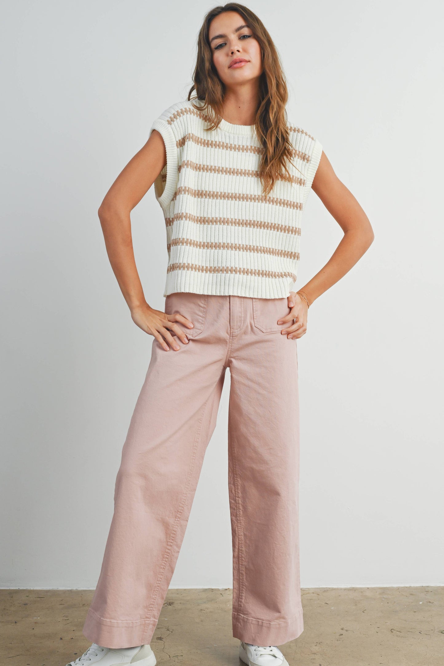 Crew Neck Striped Knit Tank Top