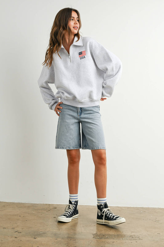 BUTTERMELON - Loose Collared Quarter-Zip Top - BMT7794 - GREY / M