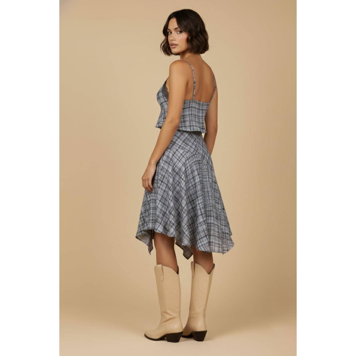 SKYLAR ROSE - Plaid Lace Trim Top and Midi Skirt Set - BLUE COMBO / M