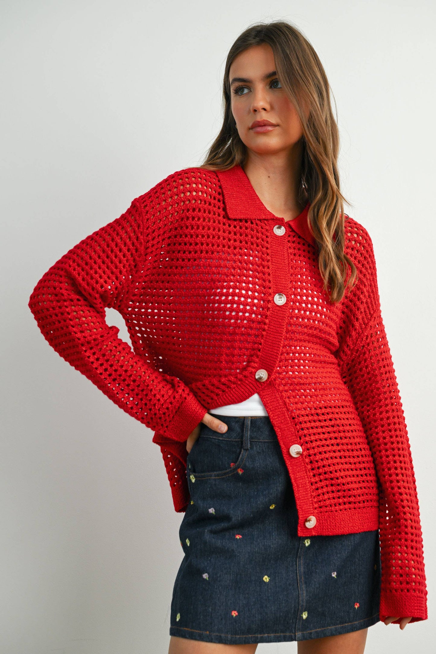 BUTTERMELON - Open Stitch Crochet Collar Cardigan - BMW7465 - Ivory / M