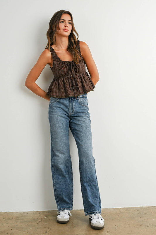 BUTTERMELON - Tie-Front Sleeveless Peplum Top - BMT7875 - BROWN MULTI / M