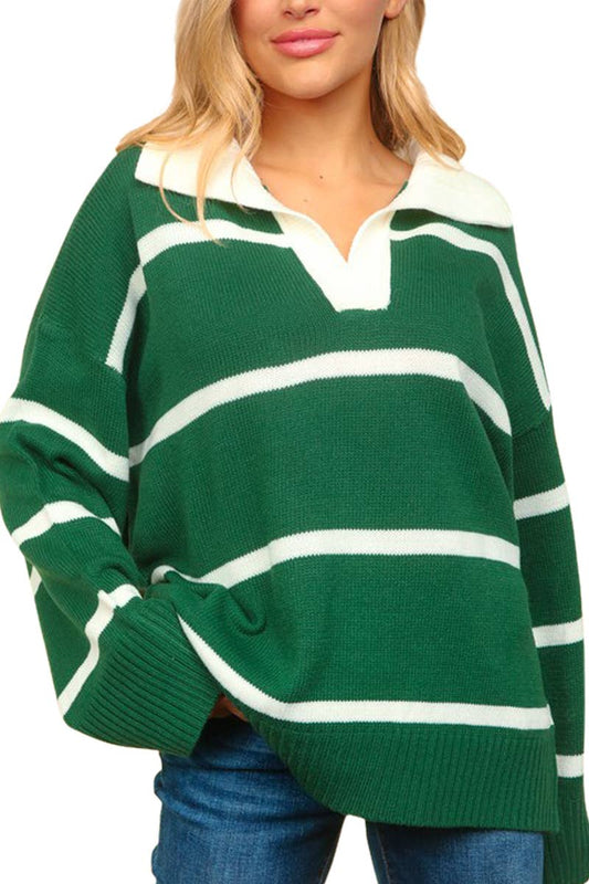 Collar Notched Neck Stripe Sweater Knit Top