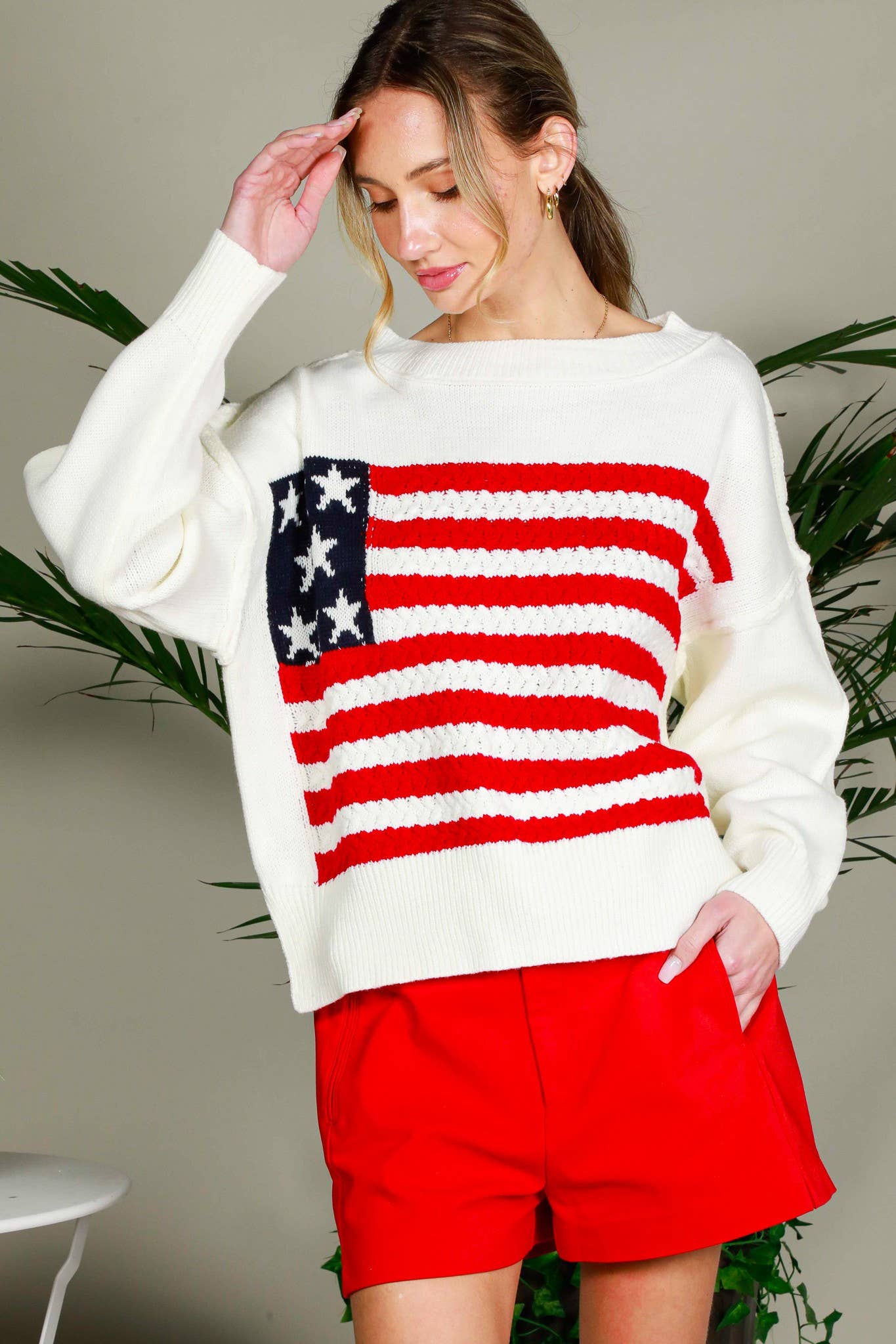 USA Flag Boat Neck Knit Sweater Top VT82059