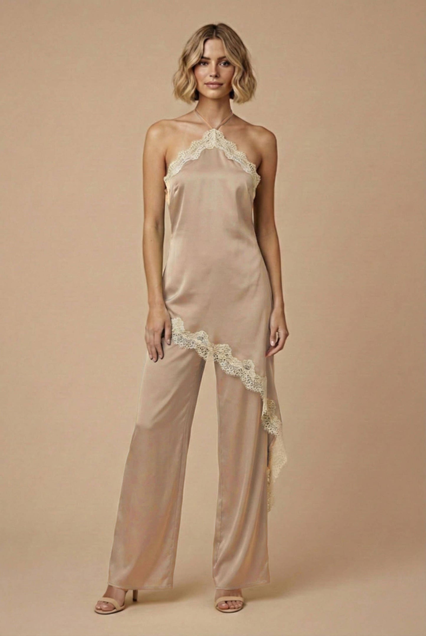 SKYLAR ROSE - Satin Lace Halter Jumpsuit - LIGHT BLUE / S
