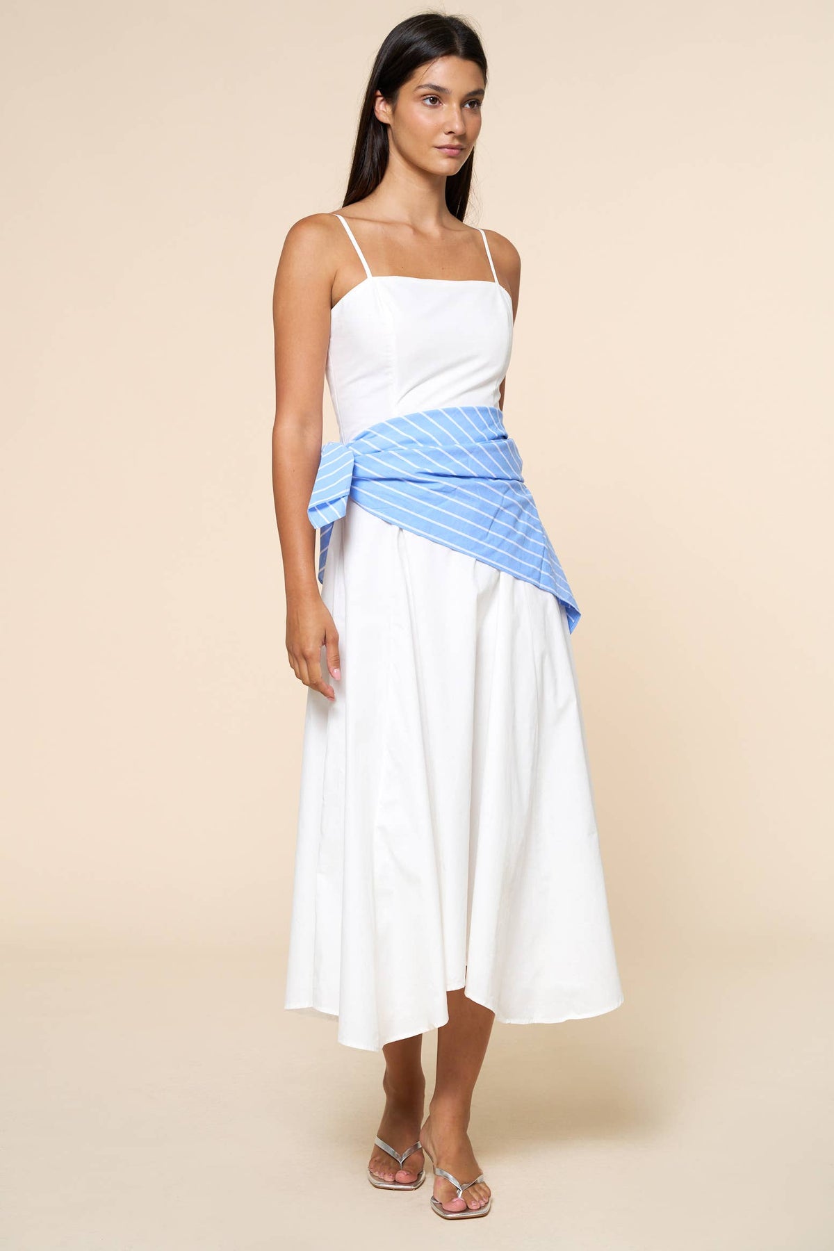 Lalavon - Stripe Waist Bandana Sleeveless Tie Maxi Dress  - OFF WHITE / S