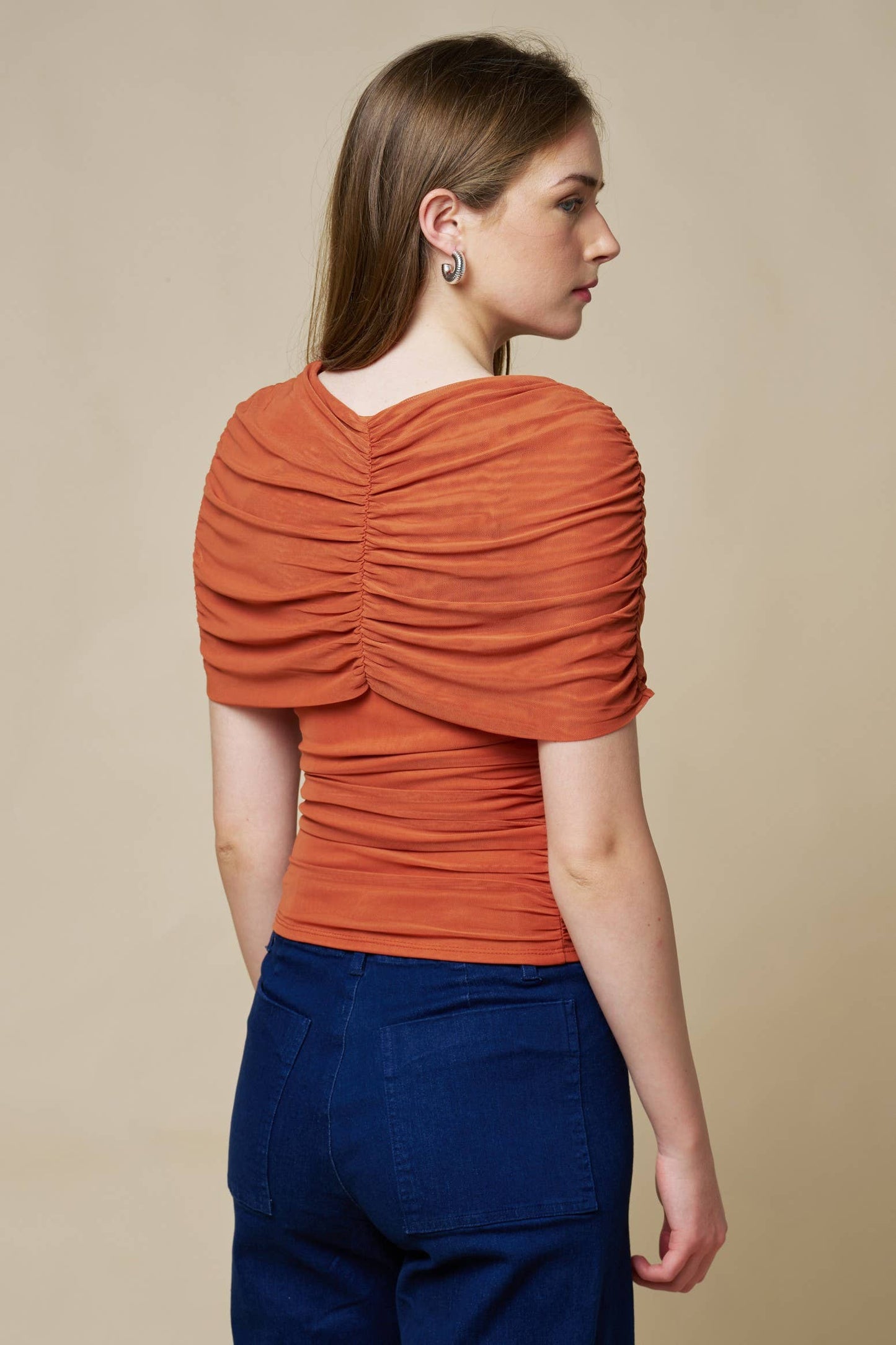 Lalavon - Asymmetrical Ruched Mesh Top  - CHAMBRAY / M