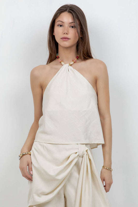 Whiteroom+Cactus - SOFT WOVEN HALTER TOP WITH BEAD ACCENT - Cream / L