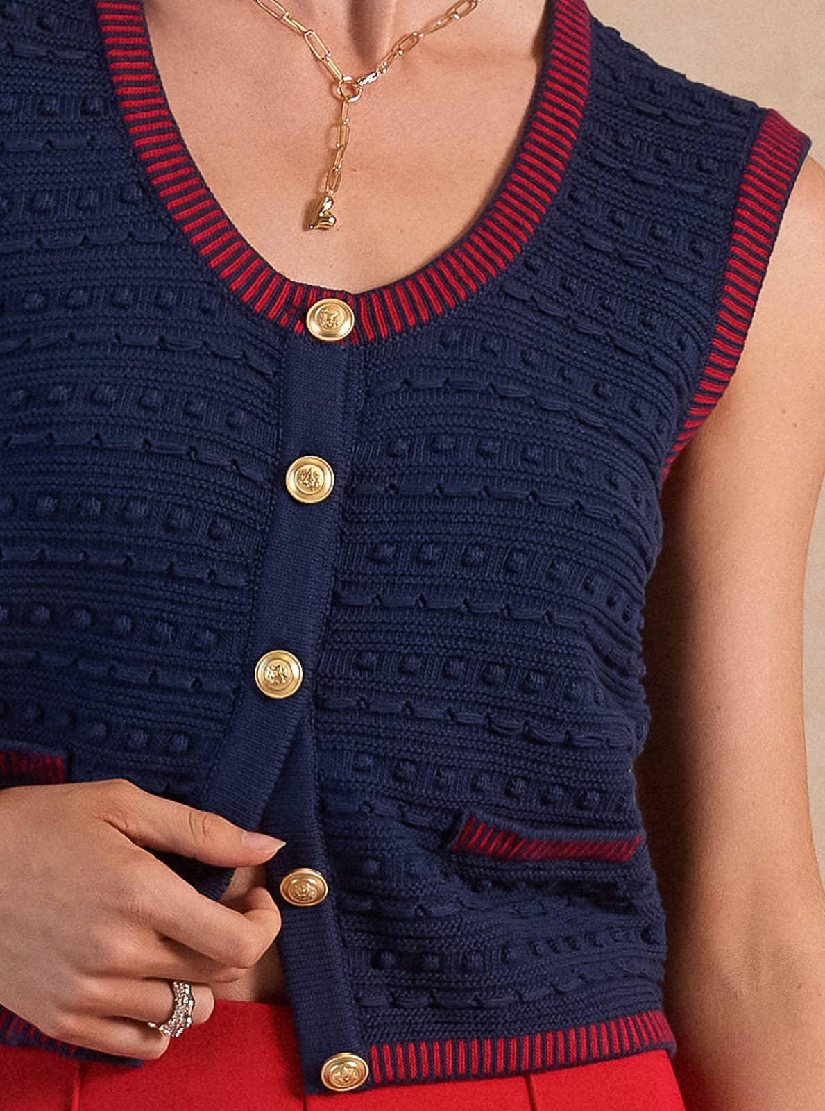 Current Air - Scoop-Neck Button-Up Sweater Vest - Navy Red / XS
