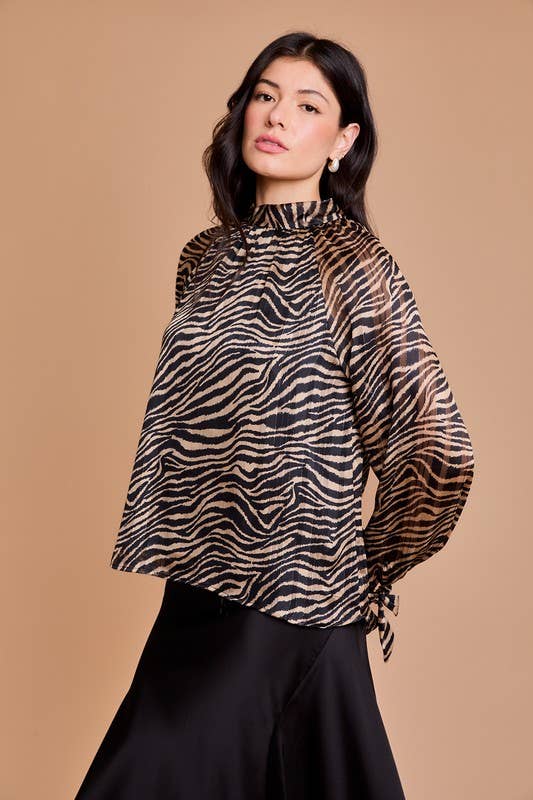 Back Tie Neck Shirring Animal Print Top