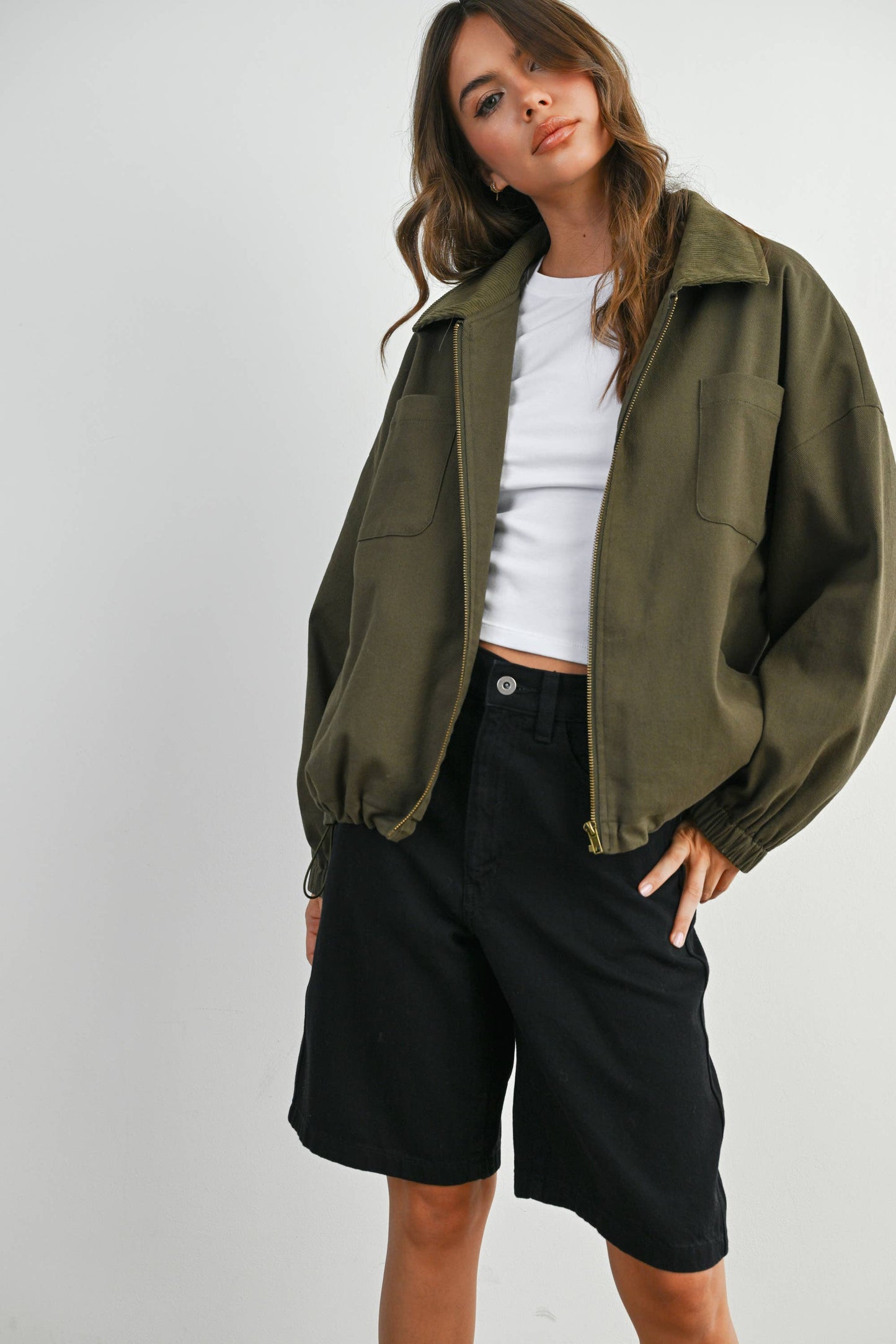 BUTTERMELON - Cord Collar Zip-Front Long Sleeve Jacket - BMJ7780 - KHAKI / L
