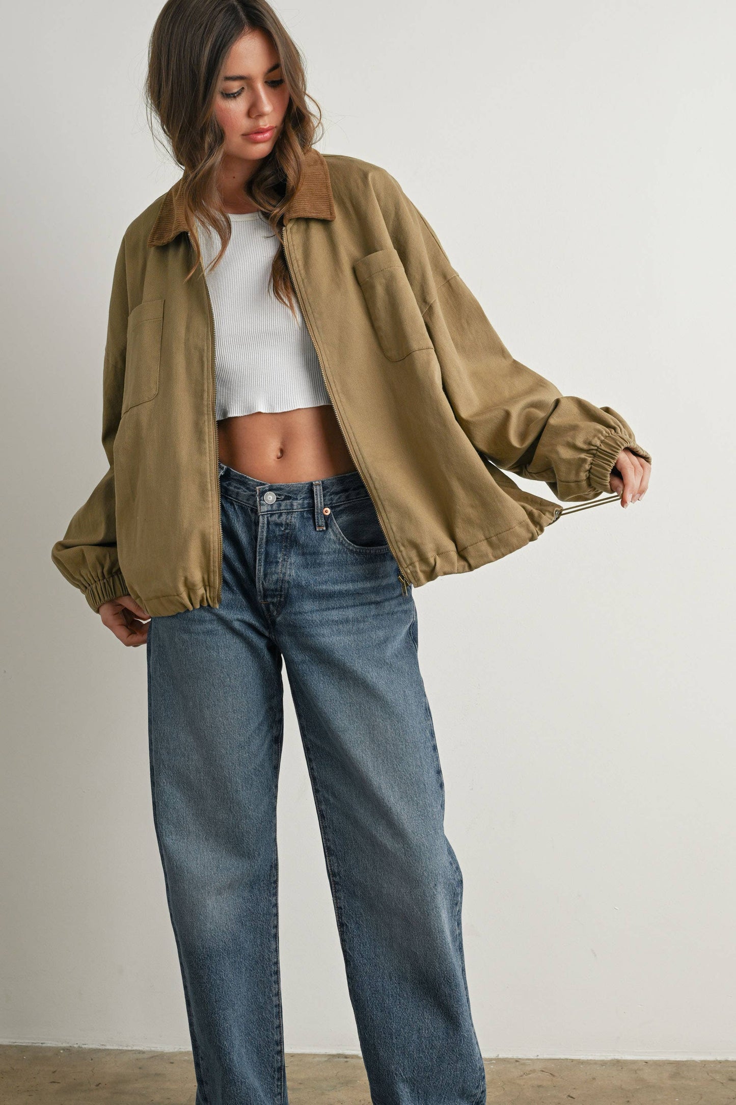 BUTTERMELON - Cord Collar Zip-Front Long Sleeve Jacket - BMJ7780 - KHAKI / L